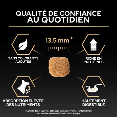 Taille des croquettes 13,5 mm, sans colorants, riche en protéines, absorption élevée des nutriments, facilement digestible. Qualité de confiance au quotidien.