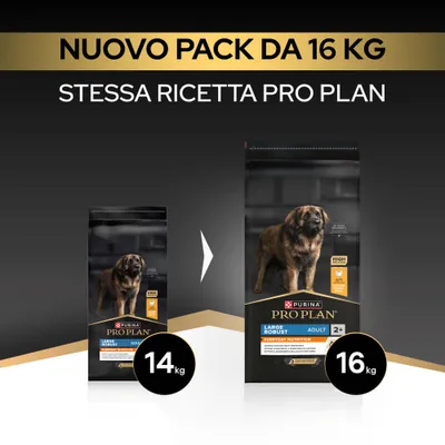 Purina Pro Plan Large Robust Adult alimento per cani, nuovo pacco da 16 kg, prima 14 kg, stessa ricetta. Due confezioni raffigurate a confronto. Purina Pro Plan Large Robust Adult alimento per cani, nuovo pacco da 16 kg, prima 14 kg, stessa ricetta. Due confezioni raffigurate a confronto.