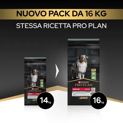 Purina Pro Plan Medium Adult Sensitive Digestion ora nel nuovo formato da 16 kg, precedentemente 14 kg. Stessa ricetta Pro Plan. Purina Pro Plan Medium Adult Sensitive Digestion ora nel nuovo formato da 16 kg, precedentemente 14 kg. Stessa ricetta Pro Plan.