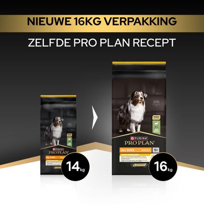 Purina Pro Plan All Sizes Adult nu in nieuwe verpakking van 16 kg, voorheen 14 kg. Zelfde Pro Plan recept.