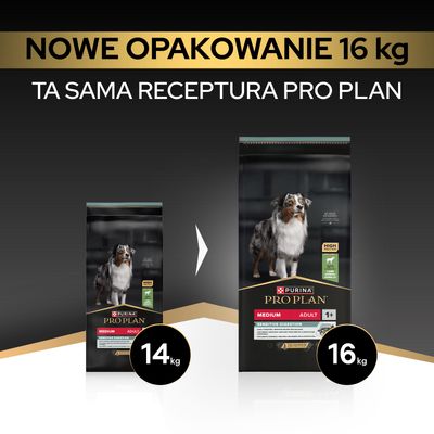 Purina Pro Plan Medium Adult Sensitive Digestion: nowe opakowanie, 16 kg, ta sama receptura co wcześniej, dotychczas 14 kg.