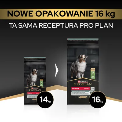 Purina Pro Plan Medium Adult Sensitive Digestion: nowe opakowanie, 16 kg, ta sama receptura co wcześniej, dotychczas 14 kg. Purina Pro Plan Medium Adult Sensitive Digestion: nowe opakowanie, 16 kg, ta sama receptura co wcześniej, dotychczas 14 kg.