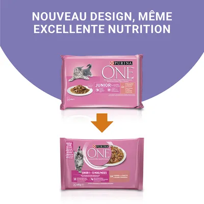 Texte : Nouveau design, même excellente nutrition. Deux emballages PURINA ONE Junior 1–12 mois pour chaton, ancien et nouveau design, visibles avec flèche de transition.