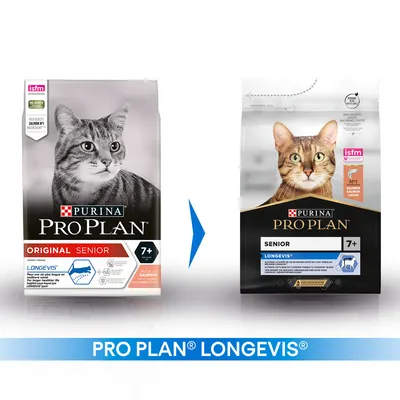 Συσκευασίες Purina Pro Plan Senior 7+ για γάτες, παλιά και νέα εμφάνιση. Ορατά: isfm, NO ADDED, SALMON N°1 INGREDIENT, LONGEVIS, PRO PLAN LONGEVIS.