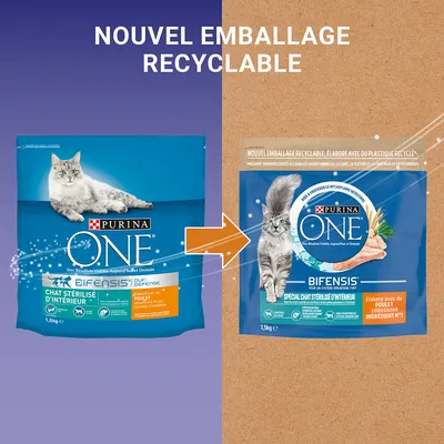 Vergleich: altes und neues Purina ONE Bifensis Katzenfutter-Design, Hinweis auf neue recycelbare Verpackung, beide Beutel mit 1,5 kg, Sorte Huhn sichtbar.