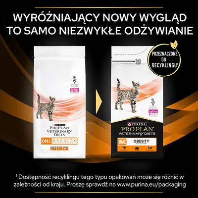 Dwa opakowania Purina Pro Plan Veterinary Diets OM Obesity dla kotów, informacja o nowym wyglądzie i przeznaczeniu do recyklingu. Widoczne logo ISFM oraz tekst: wyróżniający nowy wygląd.