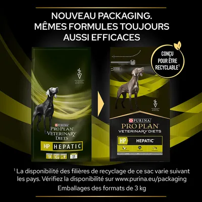 Nouveau packaging Purina Pro Plan Veterinary Diets HP Hepatic pour chien, conçu pour être recyclable. Même formule, efficacité inchangée. Emballages formats 3 kg visibles.