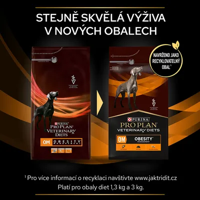PURINA PRO PLAN VETERINARY DIETS OM OBESITY MANAGEMENT pre psov, nové recyklovateľné obaly, 1,3 kg a 3 kg. Text v češtine: Stejně skvělá výživa v nových obalech.