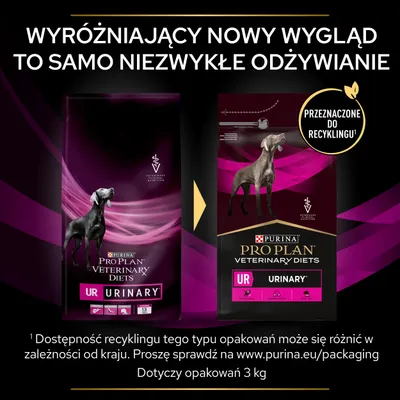 Dwa opakowania Purina Pro Plan Veterinary Diets UR Urinary dla psów, informacja: przeznaczone do recyklingu. Dotyczy opakowań 3 kg. Nowy wygląd, to samo odżywianie.