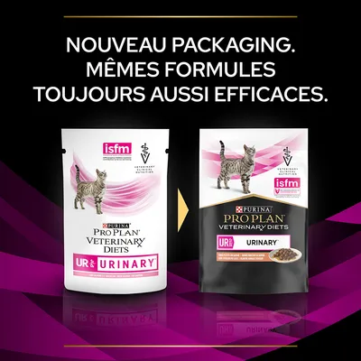 Nouveau packaging Purina Pro Plan Veterinary Diets UR Urinary pour chats, mêmes formules. Deux sachets visibles avec logos isfm et texte : VETERINARY CLINICAL NUTRITION.