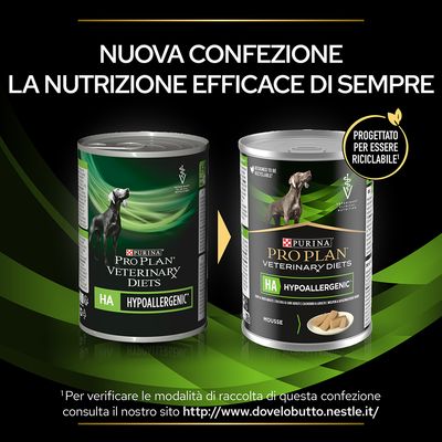 Nuova confezione Purina Pro Plan Veterinary Diets HA Hypoallergenic, due lattine a confronto. Testo: Progettato per essere riciclabile! La nutrizione efficace di sempre.