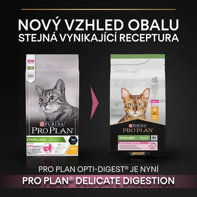 Porovnání starého a nového obalu krmiva Purina Pro Plan Sterilised Adult 1+ pro kočky. Text: Nový vzhled obalu, stejná vynikající receptura. PRO PLAN OPTI-DIGEST je nyní DELICATE DIGESTION.