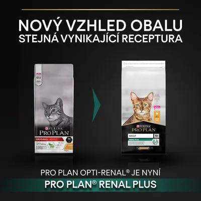 Porovnanie starého a nového obalu krmiva pre mačky Purina Pro Plan. Text: Nový vzhled obalu, stejná vynikající receptura. PRO PLAN OPTI-RENAL je nyní PRO PLAN RENAL PLUS.