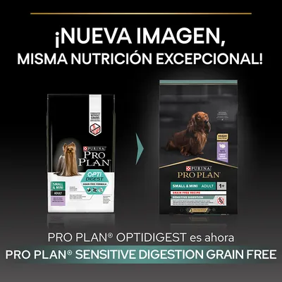 Comparativa de envases: Purina Pro Plan OptiDigest Small & Mini Adult ahora es Pro Plan Sensitive Digestion Grain Free Small & Mini Adult 1+. Texto en inglés visible en ambos paquetes.