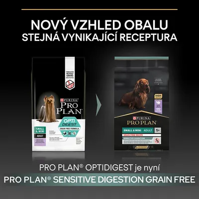 Porovnání starého a nového obalu krmiva PURINA PRO PLAN Small & Mini Adult. Text: Nový vzhled obalu, stejná vynikající receptura. PRO PLAN OPTIDIGEST je nyní PRO PLAN SENSITIVE DIGESTION GRAIN FREE.