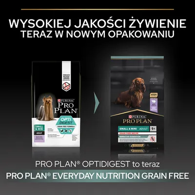 Purina Pro Plan OptiDigest zmienia nazwę na Pro Plan Everyday Nutrition Grain Free; pokazane stare i nowe opakowanie karmy dla psów Small & Mini Adult.