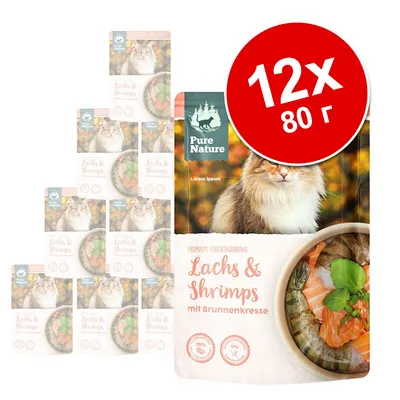 Pure Nature Lachs & Shrimps mit Brunnenkresse, упаковка 12×80 г. На изображении пакет влажного корма для кошек с лососем и креветками, фото кота и блюда на упаковке.