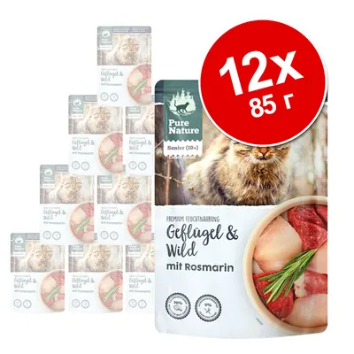 Pure Nature Senior (10+) Geflügel & Wild mit Rosmarin, 12×85 г. На упаковке изображён кот и миска с мясом. Видны значки: 70% мяса, 0% злаков.