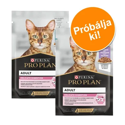 Purina Pro Plan Adult Delicate Digestion macskaeledel tasak, pulykahússal szószban. Narancssárga kör: Próbálja ki!
