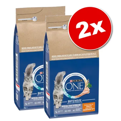 Två förpackningar Purina ONE Bifensis torrfoder för steriliserade katter, 6 kg vardera. Stor röd cirkel med vit text: 2x.