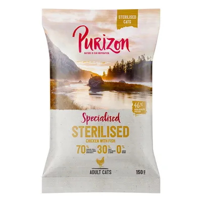 Purizon Sterilised Cats, erikoiskana ja kala, 46 % proteiinia, 70 % eläinperäisiä ainesosia, 30 % vihanneksia ja yrttejä, 0 % viljaa, aikuisille kissoille, 150 g.