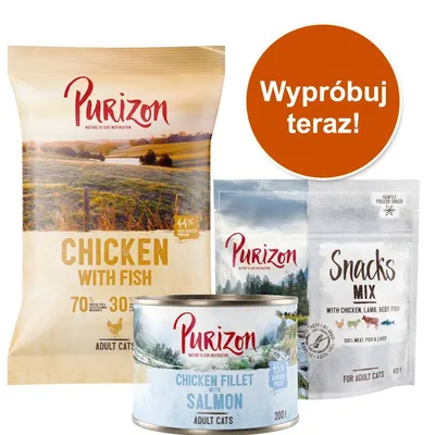 Zestaw Purizon dla dorosłych kotów: sucha karma Chicken with Fish 70 % mięsa, puszka Chicken Fillet with Salmon 200 g, przekąski Snacks Mix. Napis: Wypróbuj teraz!