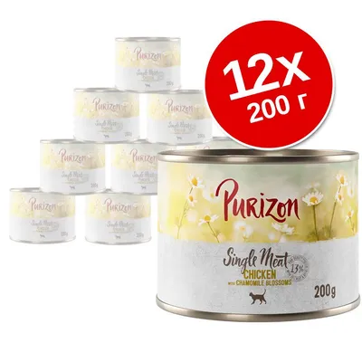 Purizon Single Meat Chicken with Chamomile Blossoms, 12×200 г, консервированный корм для кошек. Видны банки с надписями и красный круг с указанием количества и веса.