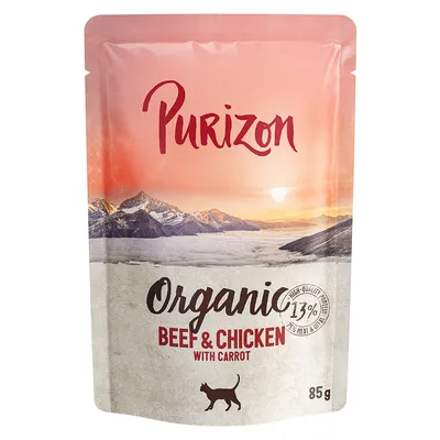 Purizon Organic Beef & Chicken sárgarépával, 85g. Magas hústartalom, 13% fehérje. Prémium minőségű macskaeledel.