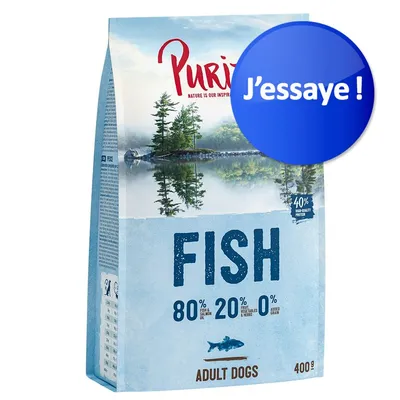 Purizon FISH pour chiens adultes, 400 g. 80 % poisson et huile de saumon, 20 % fruits/légumes/herbes, 0 % céréales ajoutées. Pastille bleue : J’essaie !