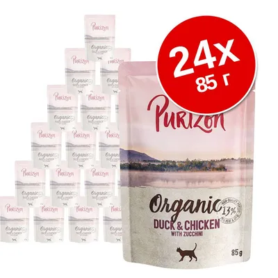 Purizon Organic Duck & Chicken with Zucchini для кошек, 24×85 г. Надпись на упаковке: 13 % meat & liver. Видны паучи с изображением утки и курицы.