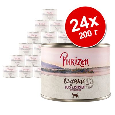 24 банки по 200 г Purizon Organic Duck & Chicken with Zucchini, 13 % мяса и овощей. Видны упаковки с надписями на английском языке.