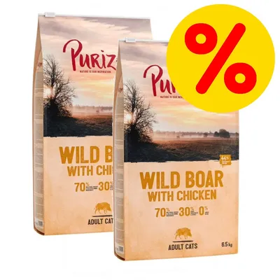 2 sacos de pienso Purizon Wild Boar with Chicken para gatos adultos, 6,5 kg cada uno. Texto visible: 70 % wild boar & chicken, 30 % frutas y verduras, 0 % cereales. Símbolo de porcentaje en amarillo.