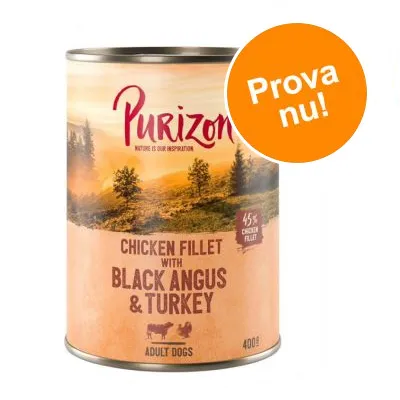 Purizon Chicken Fillet with Black Angus & Turkey, 45 % chicken fillet, 400 g, Adult Dogs. Orange cirkel med texten: Prova nu!