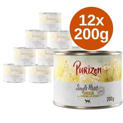 Purizon Single Meat Chicken with Chamomile Blossoms, 12 puszek po 200 g. Widoczna etykieta z rysunkiem rumianku i sylwetką kota.