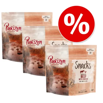 Purizon Snacks Beef with Chicken, 100% meat & liver, dla dorosłych psów, 100 g. Zestaw trzech opakowań z oznaczeniem promocji procentowej.