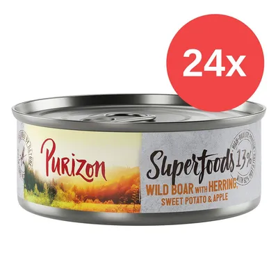 Purizon Superfoods 13% Wild Boar with Herring, Sweet Potato & Apple, confezione da 24x. Testo in inglese sull'etichetta visibile.