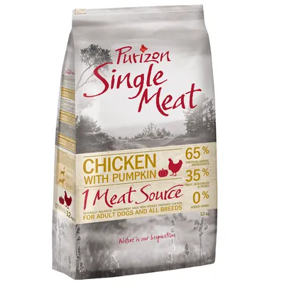 Purizon Single Meat Chicken with Pumpkin, 65% animalske ingredienser, 35% frugt, grøntsager og urter, 0% korn. Til voksne hunde af alle racer. Pakningsstørrelse: 12 kg.
