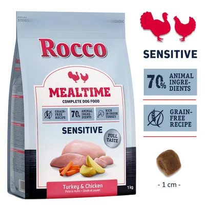 Rocco Mealtime Sensitive, 70% ingredienti animali, ricetta senza cereali, ricco di tacchino fresco. Gusto: tacchino e pollo. Confezione: 1 kg. Crocchette: ca. 1 cm.
