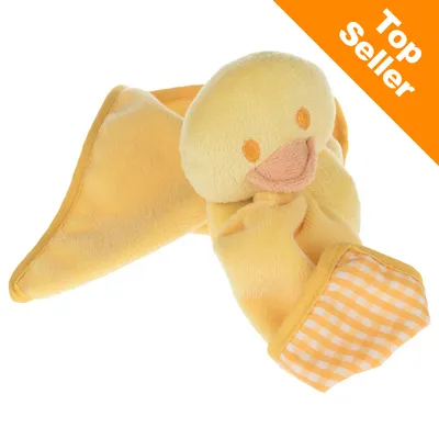 Gult plyslegetøj formet som and med ternet stof på vingen. Tekst i hjørnet: Top Seller. Gult plyslegetøj formet som and med ternet stof på vingen. Tekst i hjørnet: Top Seller.