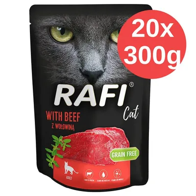 Opakowanie karmy dla dorosłych kotów, widoczny napis 'GRAIN FREE', ilustracja mięsa, ikony: pełnowartościowe białko, tauryna i witaminy. Częściowo widoczne: 10x 100g.