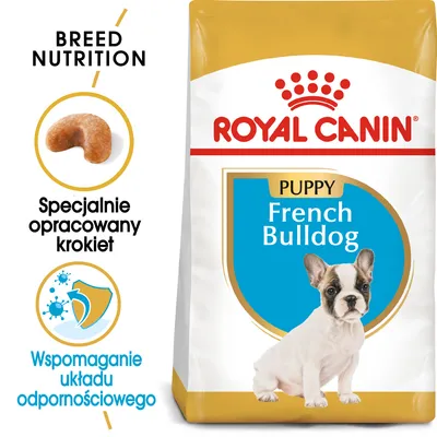 ROYAL CANIN Puppy French Bulldog; Specjalnie opracowany krokiet; Wspomaganie układu odpornościowego. Opakowanie karmy z wizerunkiem szczeniaka buldoga francuskiego.