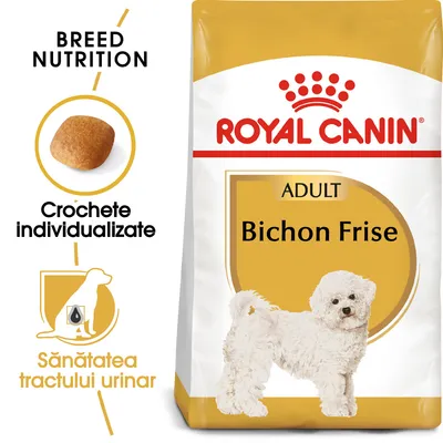 Pachet Royal Canin Adult Bichon Frise, text vizibil: Crochete individualizate, Sănătatea tractului urinar, imagine cu o croșetă și un câine Bichon Frise.