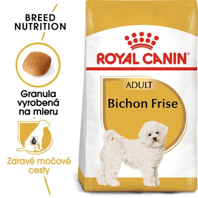 Royal Canin Adult Bichon Frise, granula vyrobená na mieru, zdravé močové cesty. Obal s obrázkom psa Bichon Frise a detailom granuly.