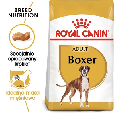 ROYAL CANIN ADULT Boxer, specjalnie opracowany krokiet, idealna masa mięśniowa, opakowanie karmy z wizerunkiem boksera. Tekst: BREED NUTRITION, Specjalnie opracowany krokiet.