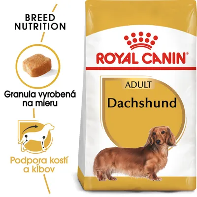 Royal Canin ADULT Dachshund, granula vyrobená na mieru, podpora kostí a kĺbov. Balenie s obrázkom jazvečíka a detailom granuly.