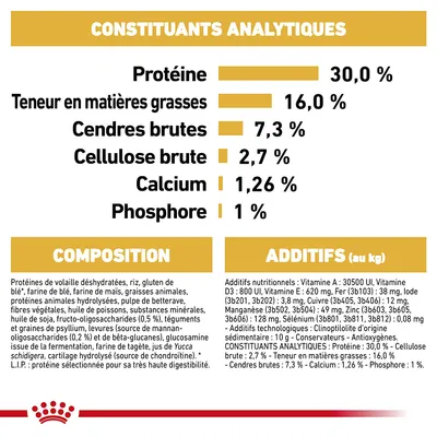 Constituants analytiques : protéines 30 %, matières grasses 16 %, cendres brutes 7,3 %, cellulose brute 2,7 %, calcium 1,26 %, phosphore 1 %. Composition et additifs détaillés visibles.