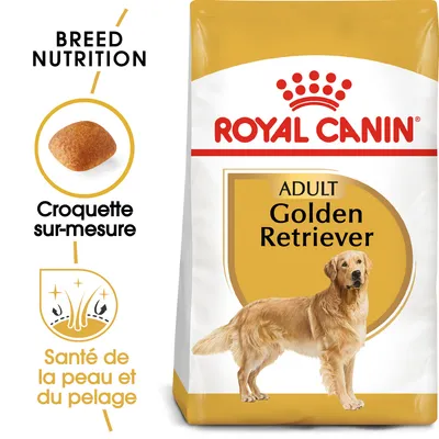 Sachet Royal Canin Adult Golden Retriever, croquette sur-mesure, santé de la peau et du pelage, texte en anglais et français visible sur l’emballage. Sachet Royal Canin Adult Golden Retriever, croquette sur-mesure, santé de la peau et du pelage, texte en anglais et français visible sur l’emballage.