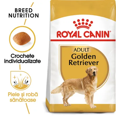 Pachet Royal Canin ADULT Golden Retriever, text vizibil: Crochete individualizate, Piele și robă sănătoase, imagine croșetă și câine Golden Retriever pe ambalaj.