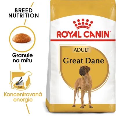 Balení krmiva ROYAL CANIN ADULT Great Dane, obrázek granule na míru, text: Granule na míru, Koncentrovaná energie, BREED NUTRITION, silueta psa s šipkou ke Kcal.
