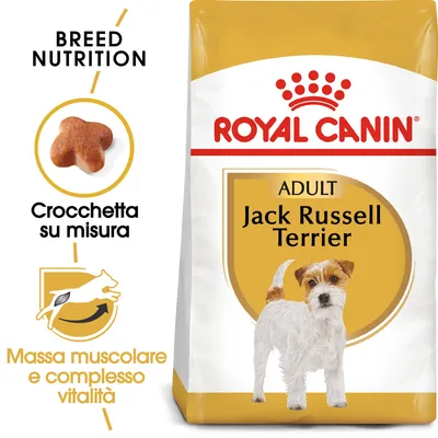 Royal Canin Adult Jack Russell Terrier, crocchetta su misura, massa muscolare e complesso vitalità. Immagine di un cane Jack Russell Terrier sulla confezione.